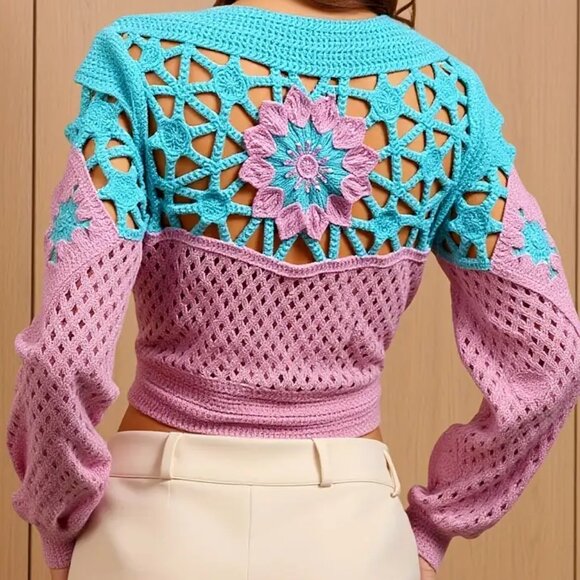Ice Cream Pastel Pink & Blue Cutouts Long Sleeve Crochet Top - Picture 4 of 4